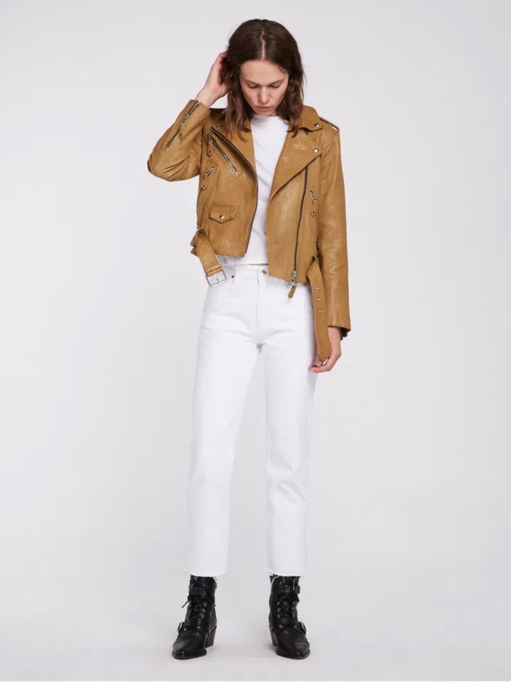 AllSaints Sarana Camel Yellow Buffalo Leather Biker Jacket *Rare* Sz 4